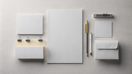 corporate business office stationery set mockup at white textured, billboard clipboard blank sheet