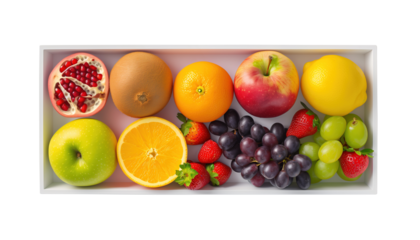 Top view of fresh fruits in a rectangular white box.