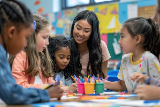Teacher assisting children in art class