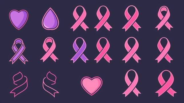 This set of pink ribbons with heart shapes on a dark background is a tasteful collection symbolizing breast cancer awareness, support, and unity in the community.