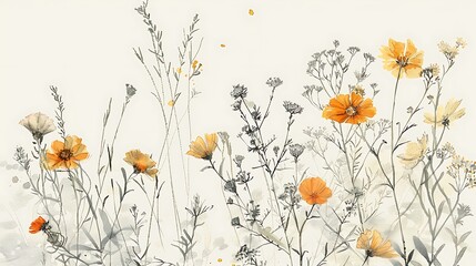 Naklejka premium Rustic botanical sketches of wildflowers grasses