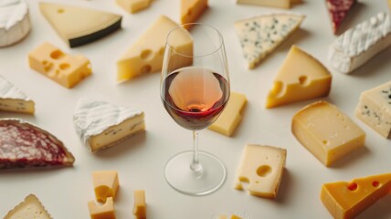Glass of red wine surrounded by various cheese types on white background