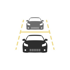 Naklejka premium Vector icon of parking with two cars. Parking sign vector. Car vector icon. Black parking logo vector.