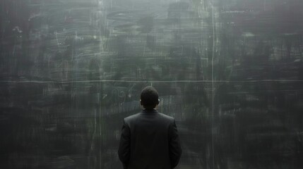 Man Facing Blackboard, Symbolizing Contemplation and Problem-Solving