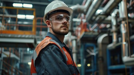 A young worker in a white hard hat and safety goggles stands confidently in an industrial plant with intricate piping and heavy-duty equipment visible in the background.