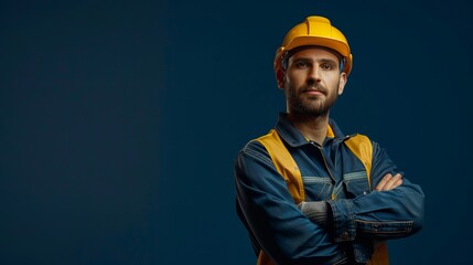 A construction worker in a yellow hard hat and blue workwear stands with arms crossed against a blue background, signifying strength, readiness, and professionalism.