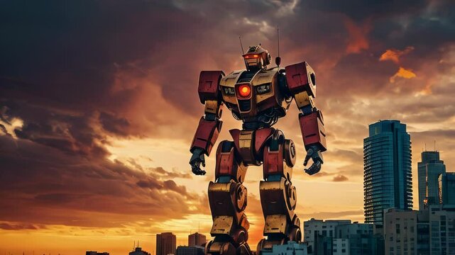 A large, red and yellow robot stands in the middle of a city at sunset. The robot is looking forward with its arms at its sides. Tall buildings surround the robot.