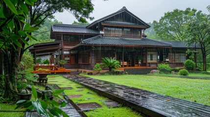 Obraz premium beautiful Japanese kiosk style house on a rainy day on a farm