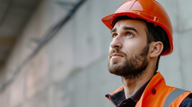 A construction worker is seen up-close, wearing a hard hat and safety vest, looking upwards, probably assessing the progress of the construction project.
