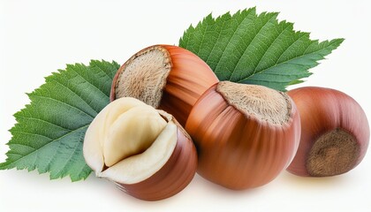 filbert nuts hazelnut with green leaf in png isolated on transparent background