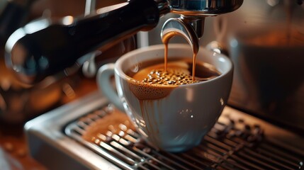 Fototapeta premium A close-up view of an espresso machine pouring rich, fresh coffee into a white cup, with the coffee dripping vigorously, capturing the process of espresso creation.