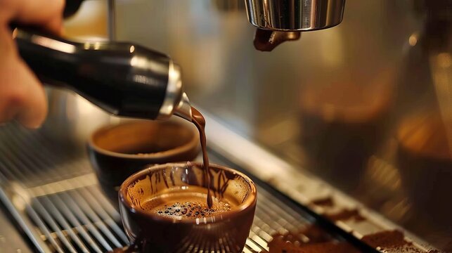 A close-up shot of an espresso machine in action, smoothly pouring rich, dark coffee into cups, emphasizing the art of perfect coffee creation and the barista skill involved.