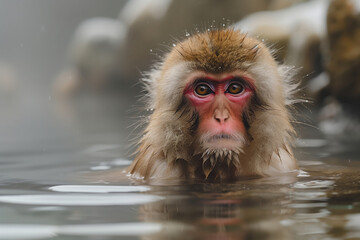 Fototapeta premium A Snow Monkey's Serene Soak in the Hot Springs