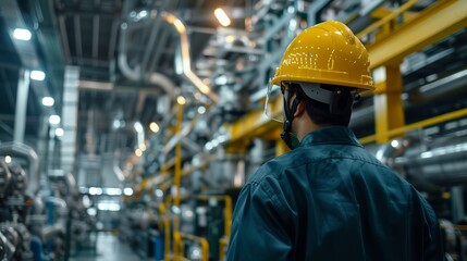 A worker with a yellow safety helmet is observing the industrial environment, showcasing the modern and highly technical facility focused on productivity and safety measures in the industry.