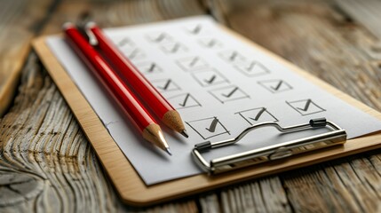 Two red pencils resting beside a finished checklist on a clipboard, laying on a rustic wooden desk, symbolizing organization, completion, and attention to detail.