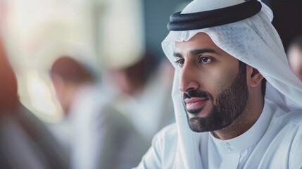 An Arab businessman in a crisp white outfit engages in a meeting, reflecting communication and leadership