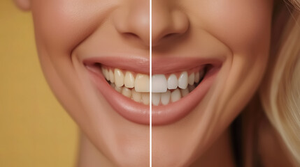 An image featuring a before and after comparison of teeth whitening, split vertically