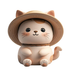 Fototapeta premium Adorable cartoon cat with a straw hat. Perfect for children's illustrations, toys, or cute merchandise designs.