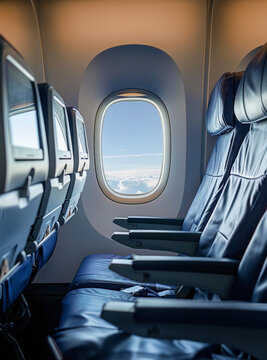 Empty airplane seats by an airplane window 