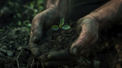 A close-up view of masculine hands cradling a clump of soil containing a small, thriving green plant