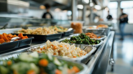 Obraz premium A variety of delicious dishes are displayed on a stainless steel buffet line in an institutional setting, offering a selection of vegetables, grains, and proteins.