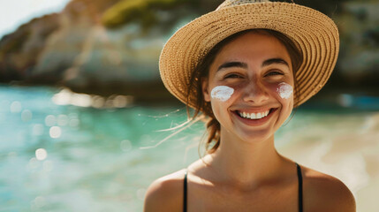 Funny beautiful young woman with straw hat and sun cream on her cheeks enjoying vacation on the beach. Sunscreen concept.