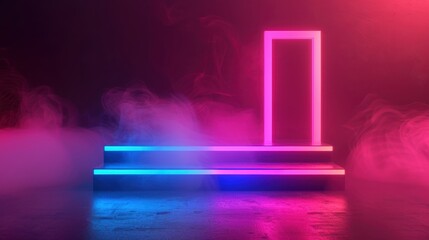 Futuristic neon light lit doorway on steps with purple and pink haze, representing a portal or modern abstract scene.