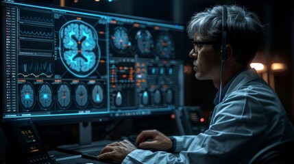 Scientist analyzing brain scans on multiple computer screens in a lab, advanced neuroscience research,lab work concept