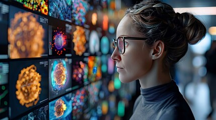 Focused Woman Analyzing Complex Data On Multiple Screens, Scientist Examining Scientific Information, Research Concept