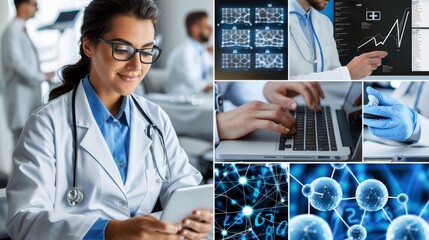 Collage of medical professionals using technology, data analysis, and molecular research in modern healthcare, innovative medical practices concept