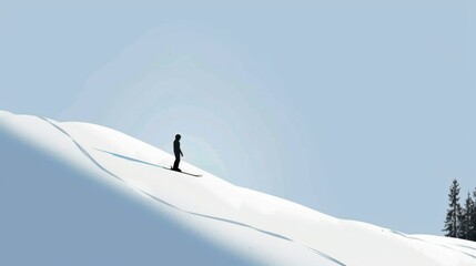 Minimalist Silhouette of Solitary Skier on Snow-Covered Slope, Vast Copy Space