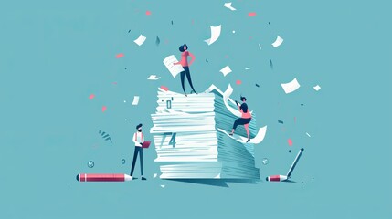 An illustration showing professionals interacting with an enormous stack of paper documents, symbolizing office work, multitasking, documentation, and business administration activities.
