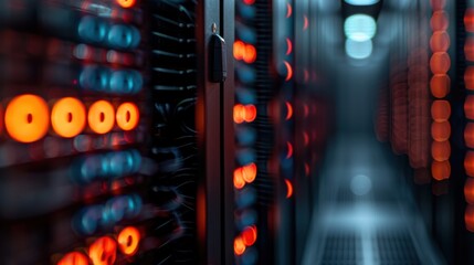 The image displays a server rack filled with network cables and data lights, highlighting the operational status in a secure and modern data center.