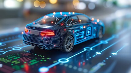 Futuristic smart car with digital technology on road, high-tech AI vehicle, self-driving concept, connected automobile showcasing advanced network, autonomous driving, AI-driven car