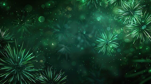 Abstract holiday background with green fireworks on a dark backdrop
