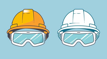Fototapeta premium An illustrated image showcasing two construction helmets; one yellow and another white, both with attached goggles, highlighting safety equipment used in construction sites in a modern vector style.
