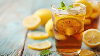 A cool glass of iced tea, garnished with fresh lemon slices and mint leaves, served with ice cubes, placed on a light wooden table with whole lemons in the background.