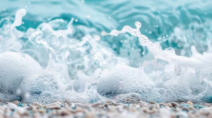 Obraz premium A stunning image capturing the dynamic motion of ocean waves crashing onto a pebble-covered shoreline, with vivid details of the water foam and pebbles in the foreground.