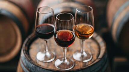Three wine glasses containing different types of wine&mdash;red, ros&eacute;, and white&mdash;are displayed on a wooden barrel, providing a rustic and elegant visual appeal.