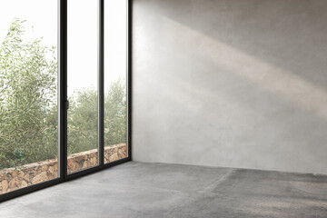 Modern contemporary loft empty room with nature view. There are wooden stair plank wall and ceiling and blank concrete wall for copy space