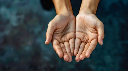 A close-up image of a pair of open hands extended, palms up, ready to receive or give, set against a softly lit dark background, symbolizing generosity and vulnerability.
