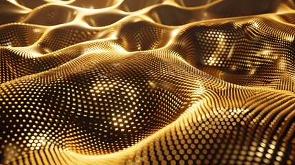 Abstract digital golden wave background, vibrant illuminated dots creating wavy pattern, glowing particles in motion, futuristic design, technology concept