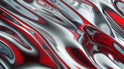 Abstract red, silver liquid metal waves with glossy reflections, futuristic metallic texture, shiny fluid background for design, cutting-edge aesthetics concept