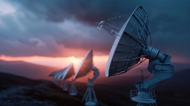 A series of satellite dishes positioned toward the sunset, prepared to collect and transmit data, underscored by a dramatic sky setting illuminating the technology involved.