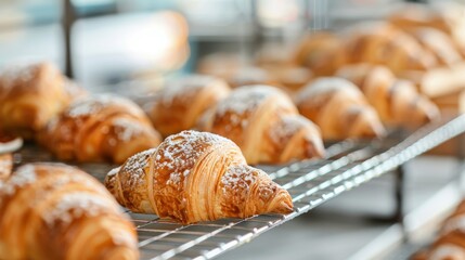 Golden-brown croissants dusted with powdered sugar, aligned in a bakery setting, capturing the fresh, sweet, and inviting nature of delicious baked goods ready for enjoyment.