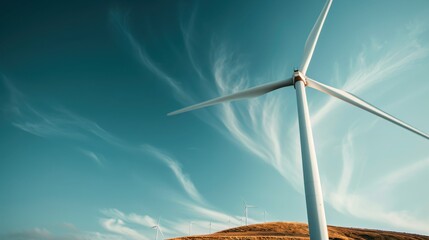 A picturesque view of wind turbines atop rolling hills beneath a vivid blue sky, capturing the harmony between technological innovation and the natural environment.