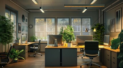 Fototapeta premium Open plan office area full of workstations, computers, chairs, and abundant greenery, designed for team collaboration and an inviting work atmosphere, fostering productivity.