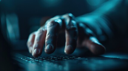 A realistic image showing a hand typing on a keyboard, emphasizing cybersecurity and online protection, capturing the essence of digital interaction with high detail.