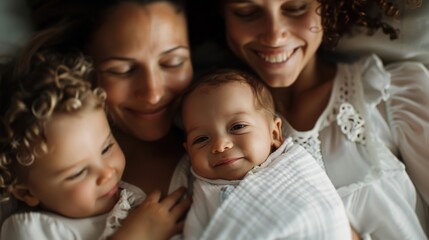 A radiant family scene features smiling parents lying in bed with their newborn baby and older child, capturing a loving, cozy, and joyful moment of togetherness and warmth.