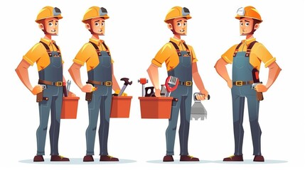 Obraz premium A sequence of four illustrated handymen stands in a line, wearing yellow attire and hard hats, each holding different tools including a toolbox, hammer, and paintbrush, symbolizing teamwork.